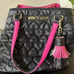 Betsey Johnson Black Quilted Shoulder Bag with Pink Accents